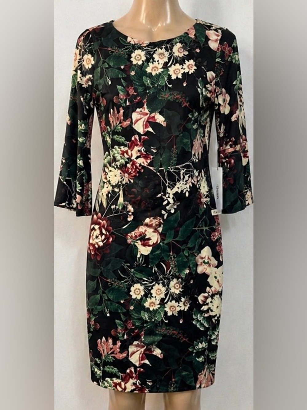 Calvin Klein Black Floral Long Sleeve Sheath Dress
